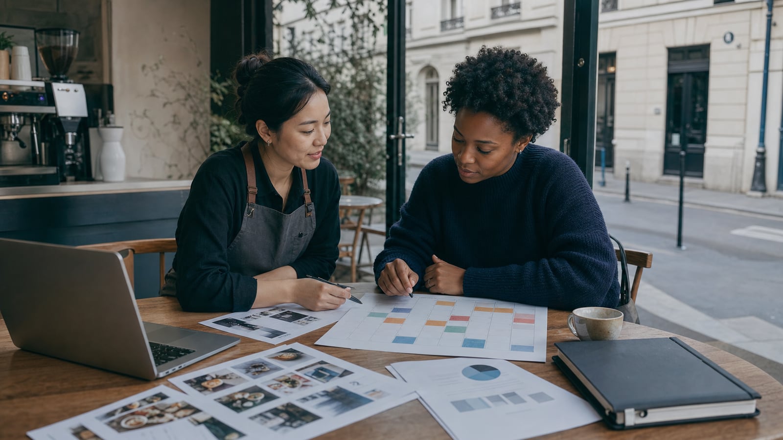An East Asian café owner and Black content strategist reviewing a publishing calendar and monthly report.