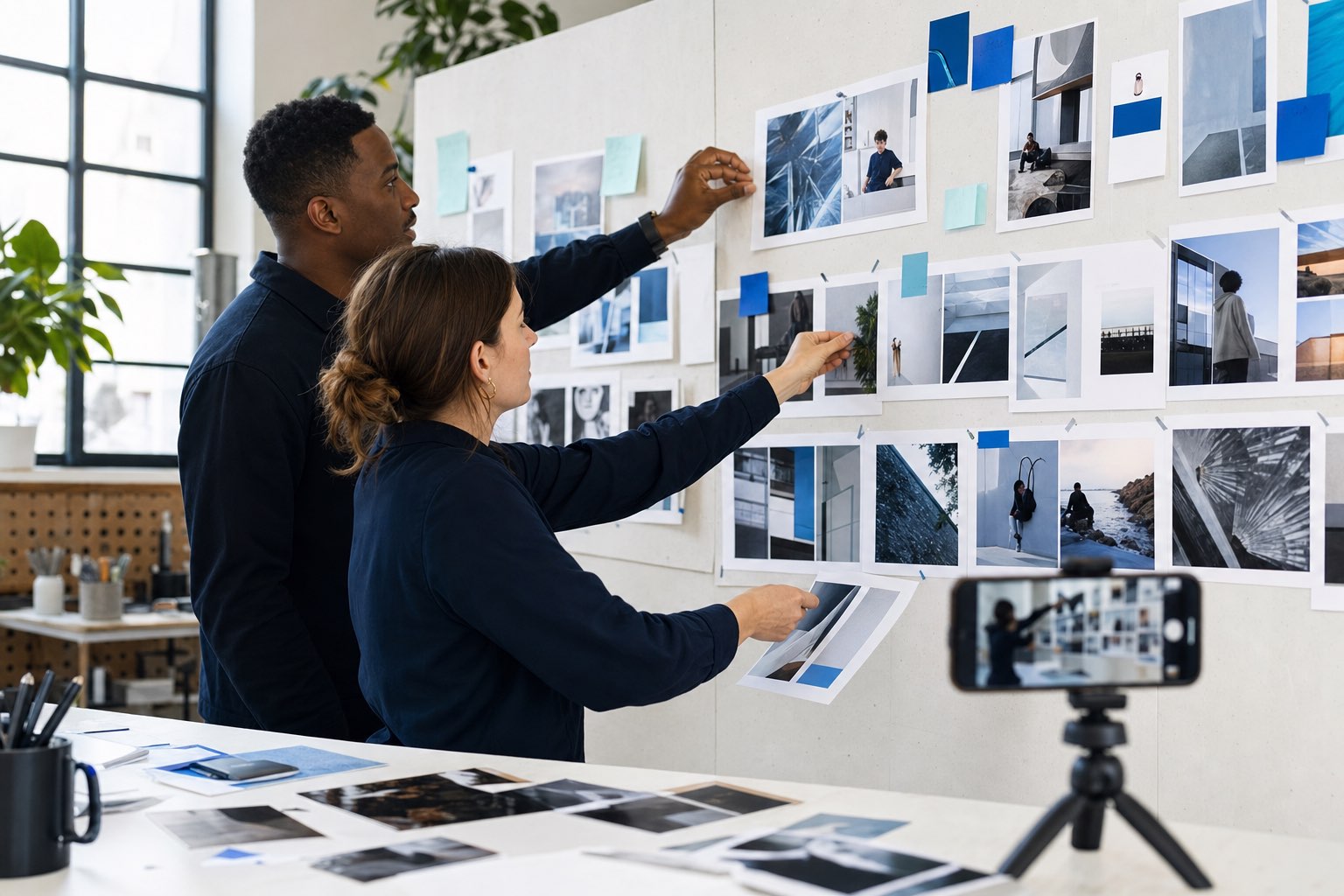 Two content planners sequencing photographs on a studio planning wall.
