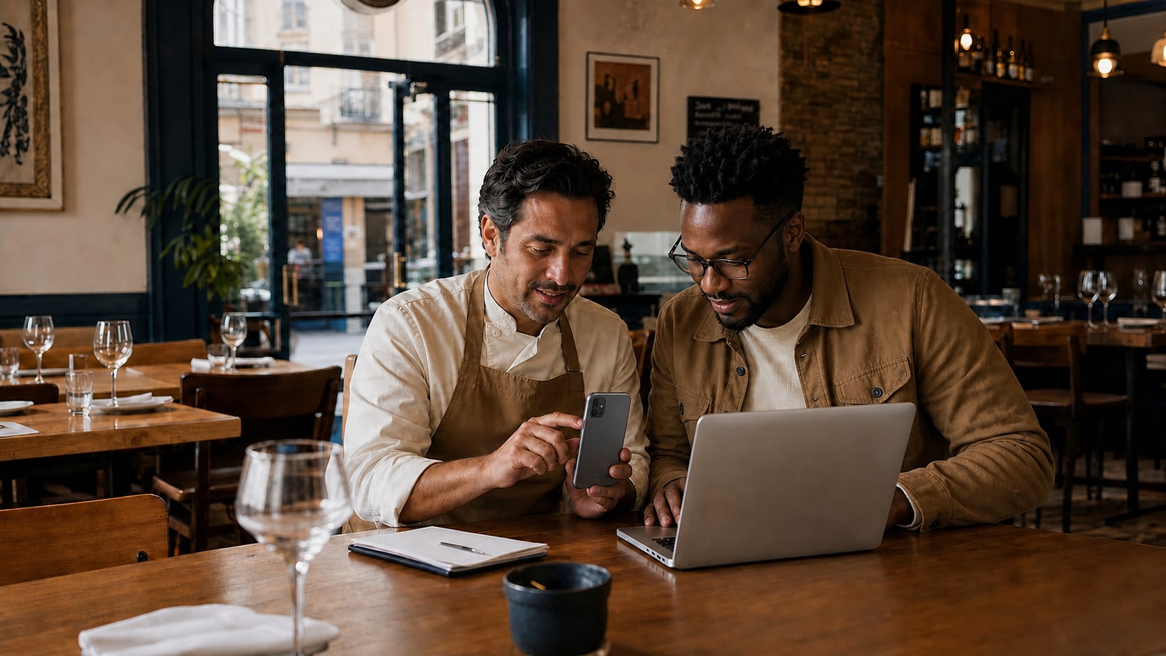 A bakery owner and Black web specialist testing a directions and booking journey on an upright phone.